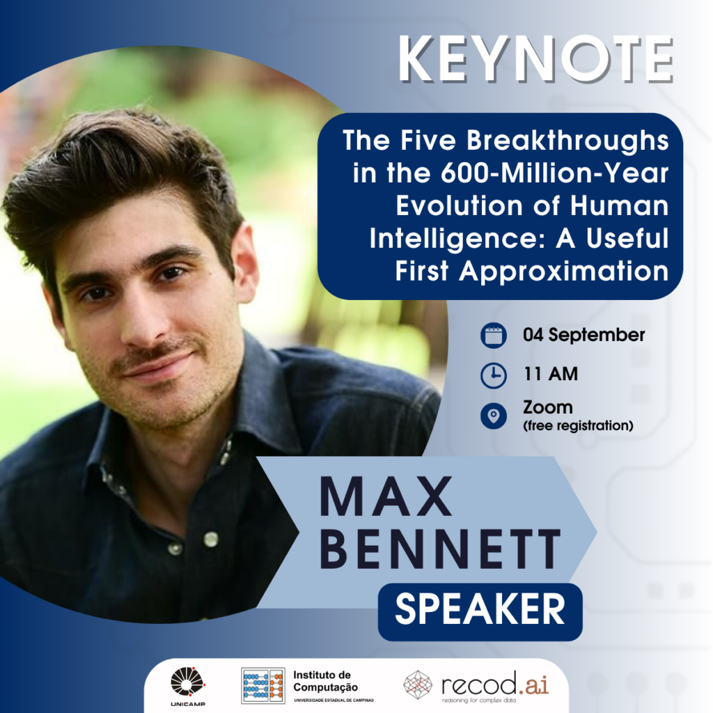 A imagem mostra Max Bennett, homem branco de cabelo curto. A postagem é referente ao keynote que ele vai ministrar no dia 04/09 via Zoom